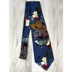 VTG ROUNDTREE & YORKE All Silk Hand Sewn Texas Theme Longhorn NECK TIE Blue USA